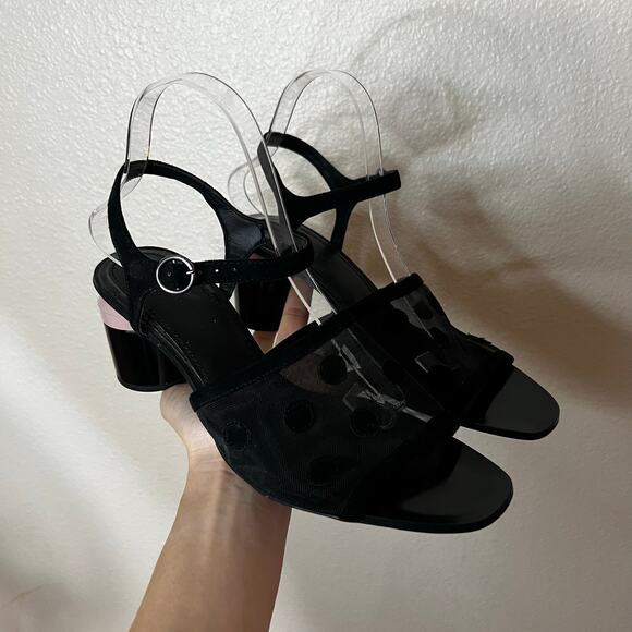 Zara Black Mesh Polka Dot Cylinder Block Colour Heels WOMENS 41 - Picture 2 of 9
